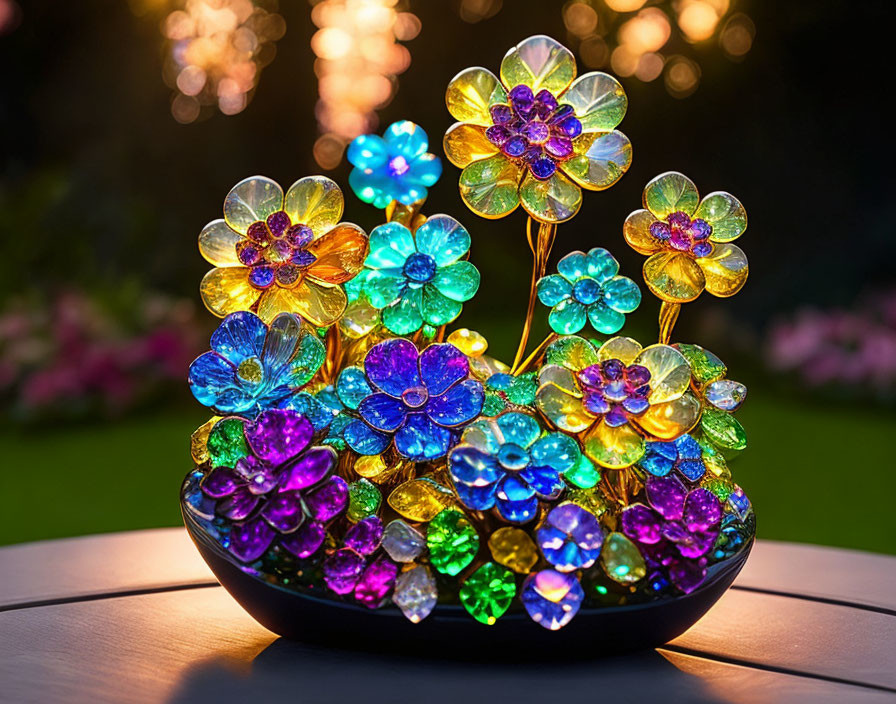 Vibrant glass flowers in illuminated bowl with bokeh lights in garden at dusk