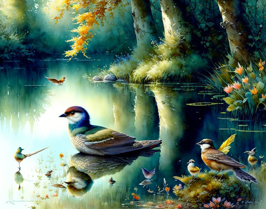 Tranquil forest scene with vibrant birds, reflective water, lush greenery, colorful flora