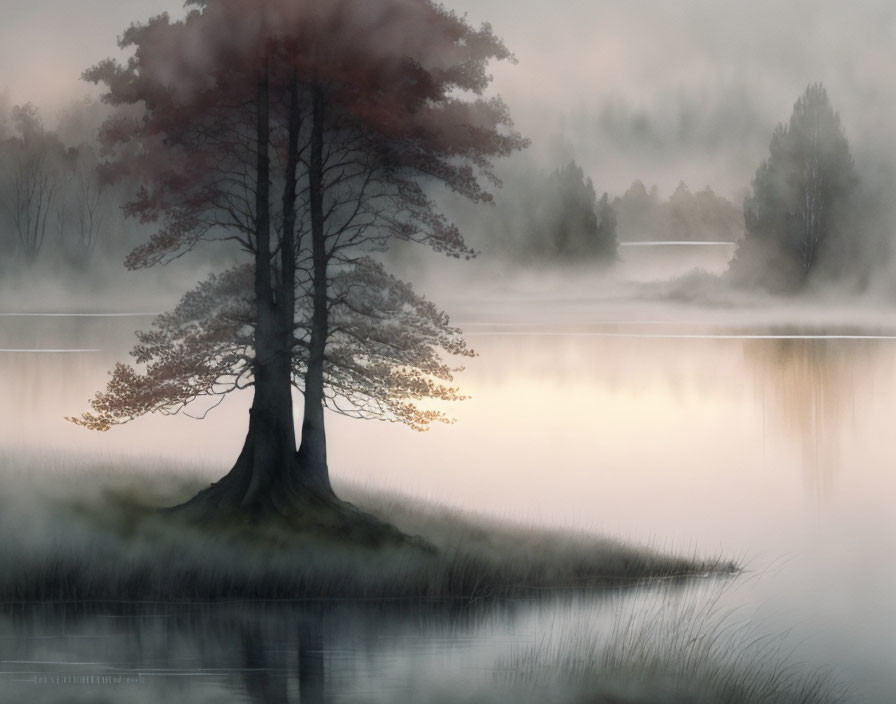 Tranquil misty lake with tree on small island