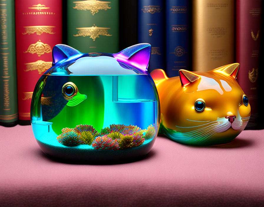Stylized cat-shaped fishbowl and golden cat figurine with books background