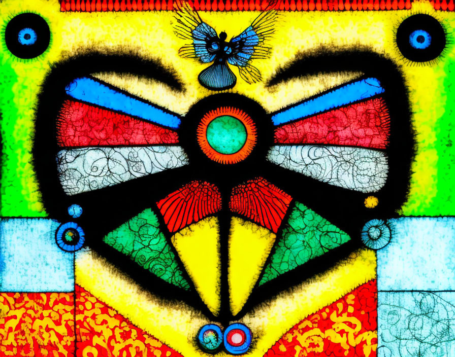 Colorful symmetrical abstract art: mask-like design with circular motif