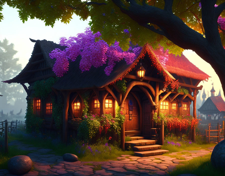 Thatched Roof Cottage with Wisteria and Greenery at Dusk