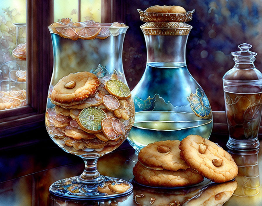 Glass vase, cookies, blue jug, and glass container on reflective surface with window.