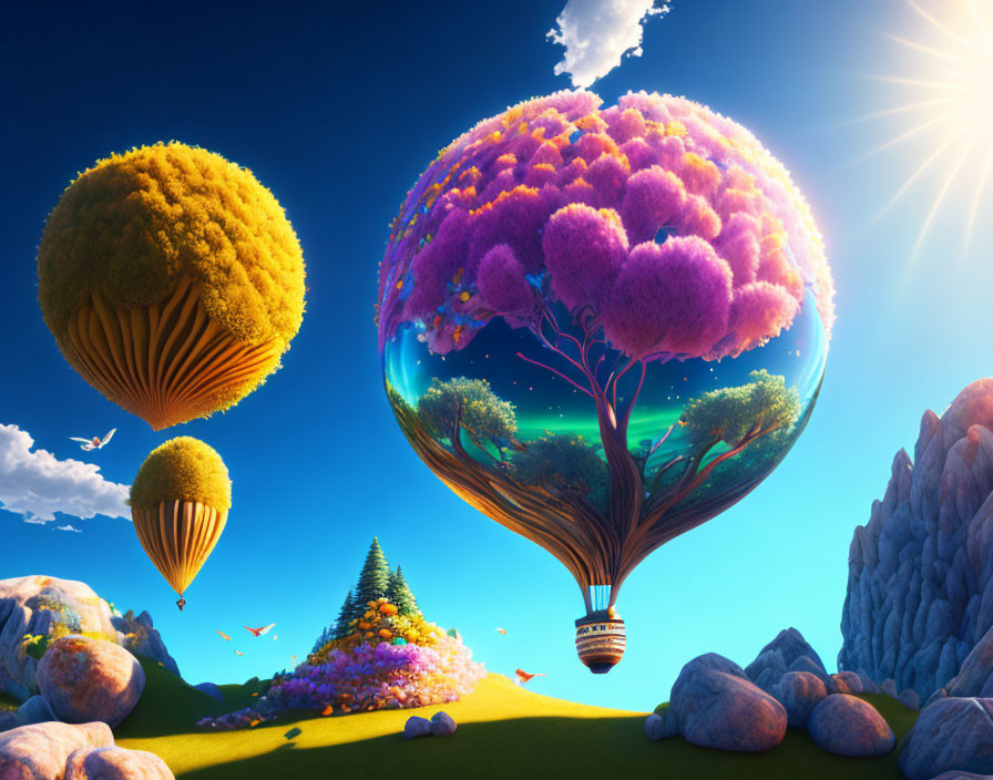Colorful Fantasy Landscape with Tree Hot Air Balloons & Butterflies