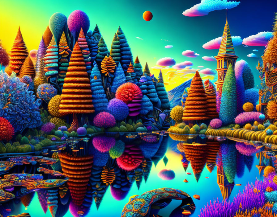 Colorful Stylized Trees in Fantastical Landscape with Reflective Water