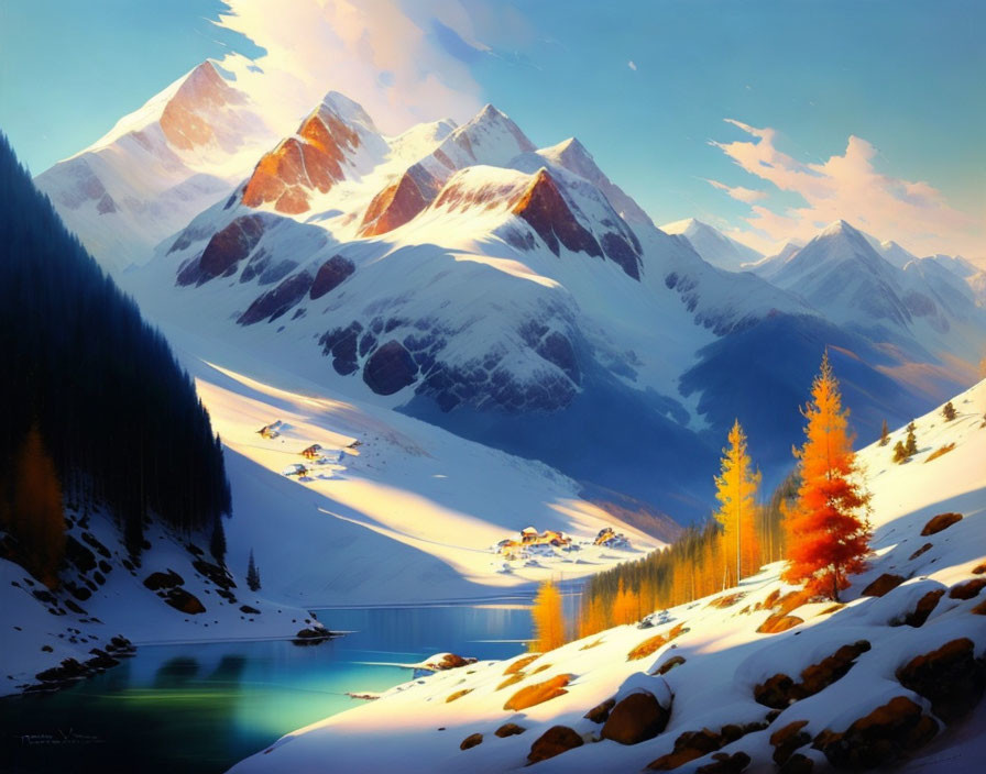 Snowy Mountain Peaks, Lake, Autumn Trees & Village in Serene Landscape