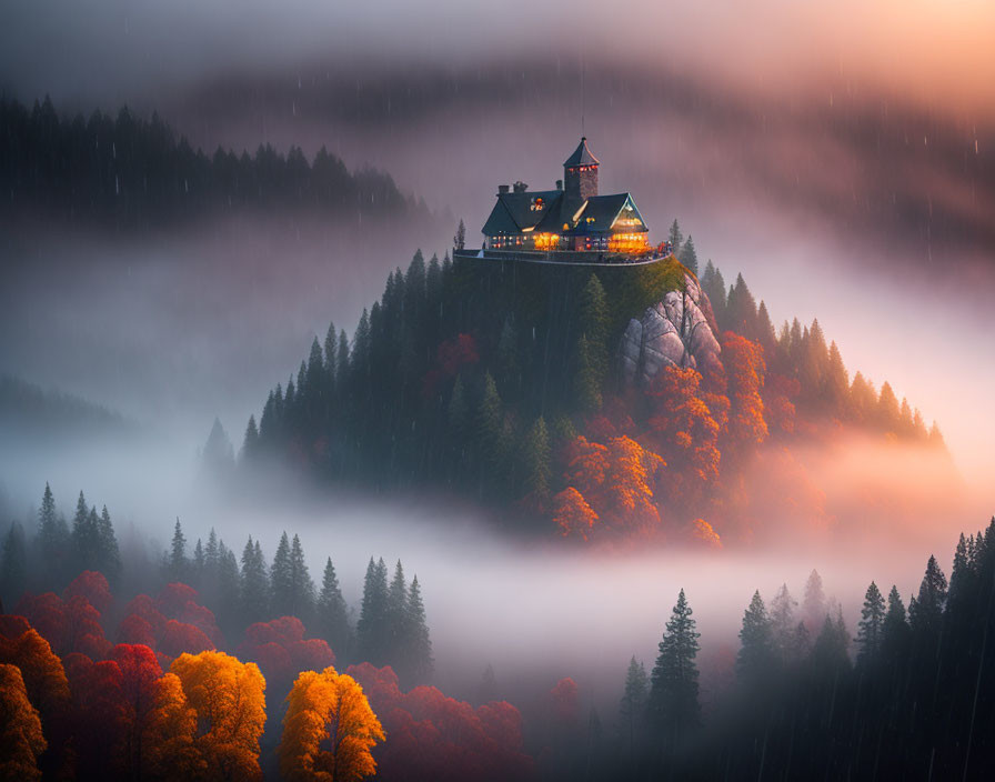 Autumn-themed mystical hilltop house in misty twilight landscape