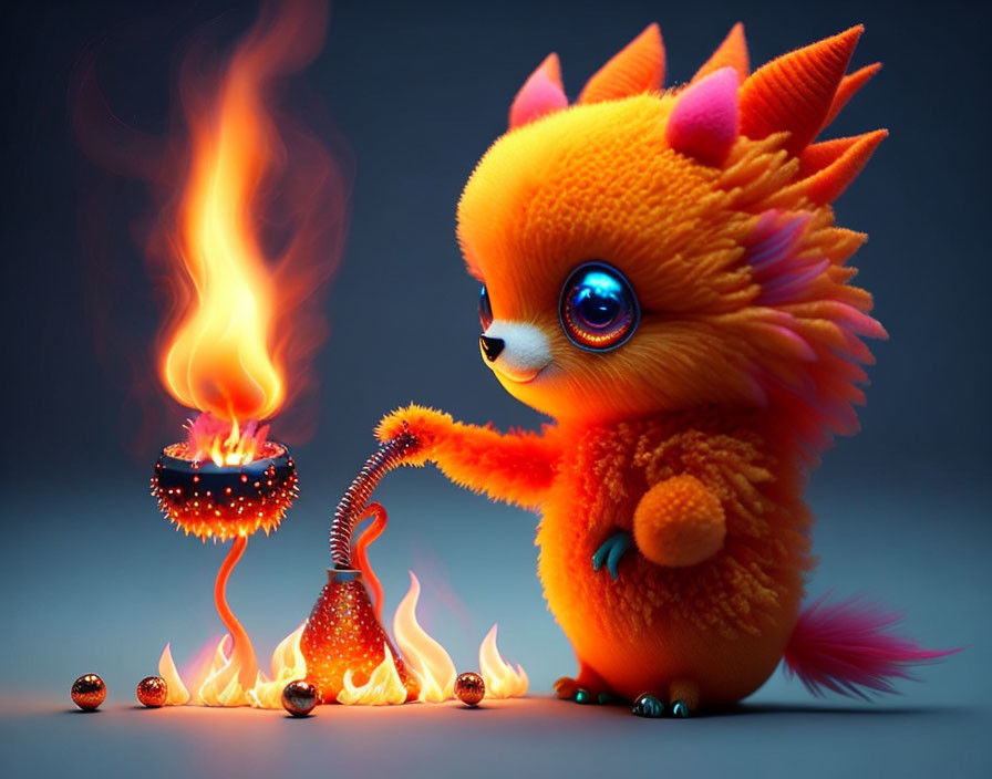 Colorful Fox Creature Playing with Fire and Bowl Illustration