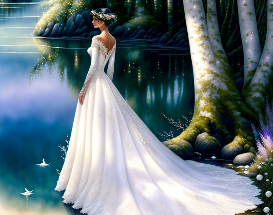 Woman in White Dress by Serene Lake with Glowing Light Accents