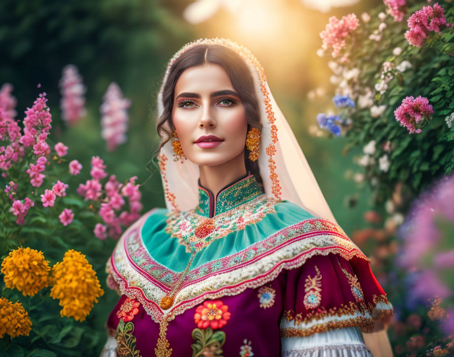 Traditional Attire Woman Surrounded by Blooming Flowers