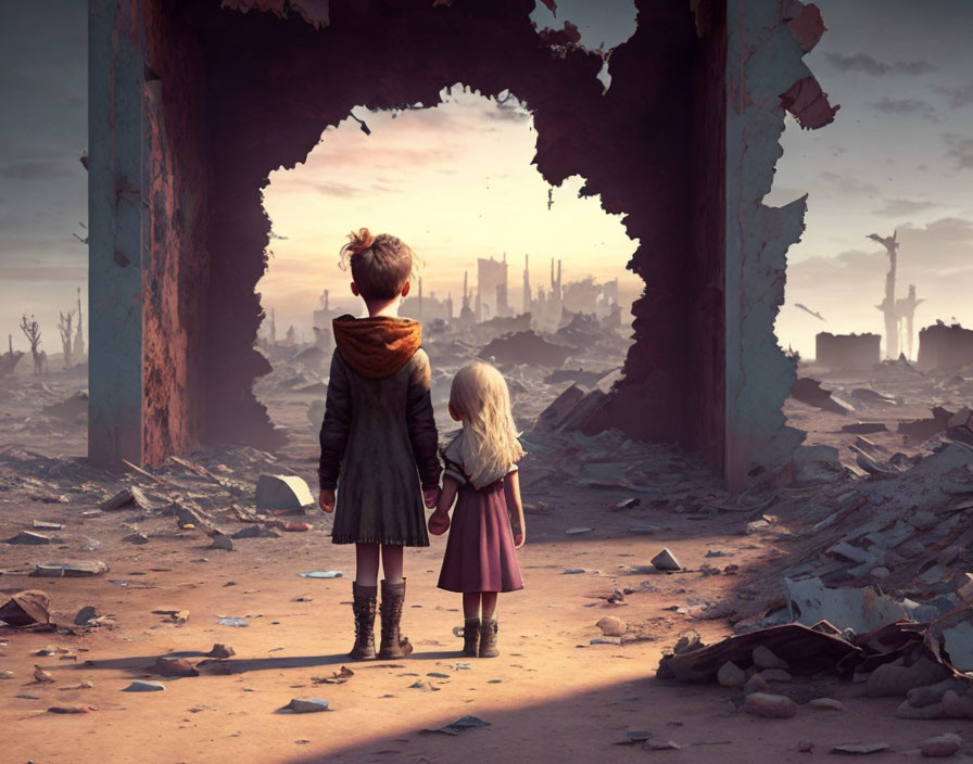 Two children in post-apocalyptic landscape holding hands