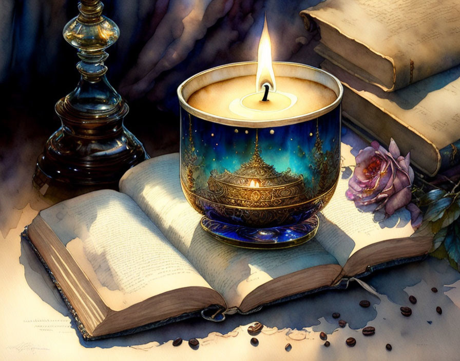 Scented candle on open book with coffee beans and candlestick