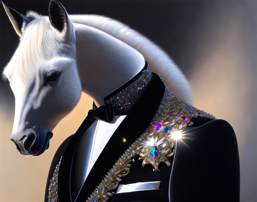 White Horse Head Transforms into Person in Black Tuxedo