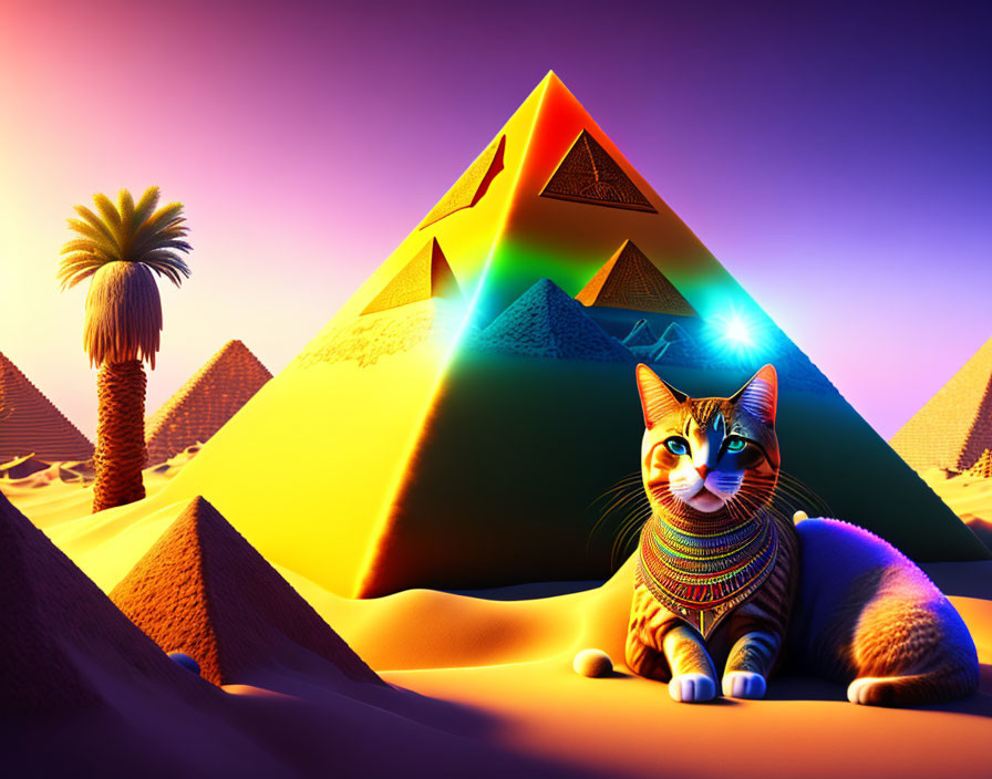 Colorful cat with Egyptian necklace in front of vibrant stylized pyramids at dusk