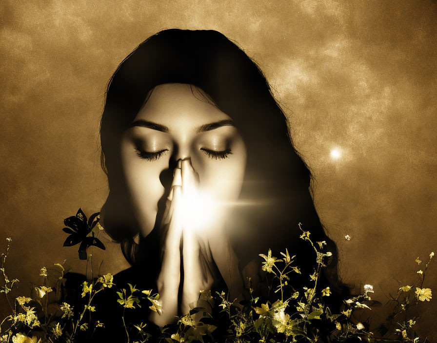 Sepia-Toned Image: Woman in Prayer Gesture with Flowers and Butterflies