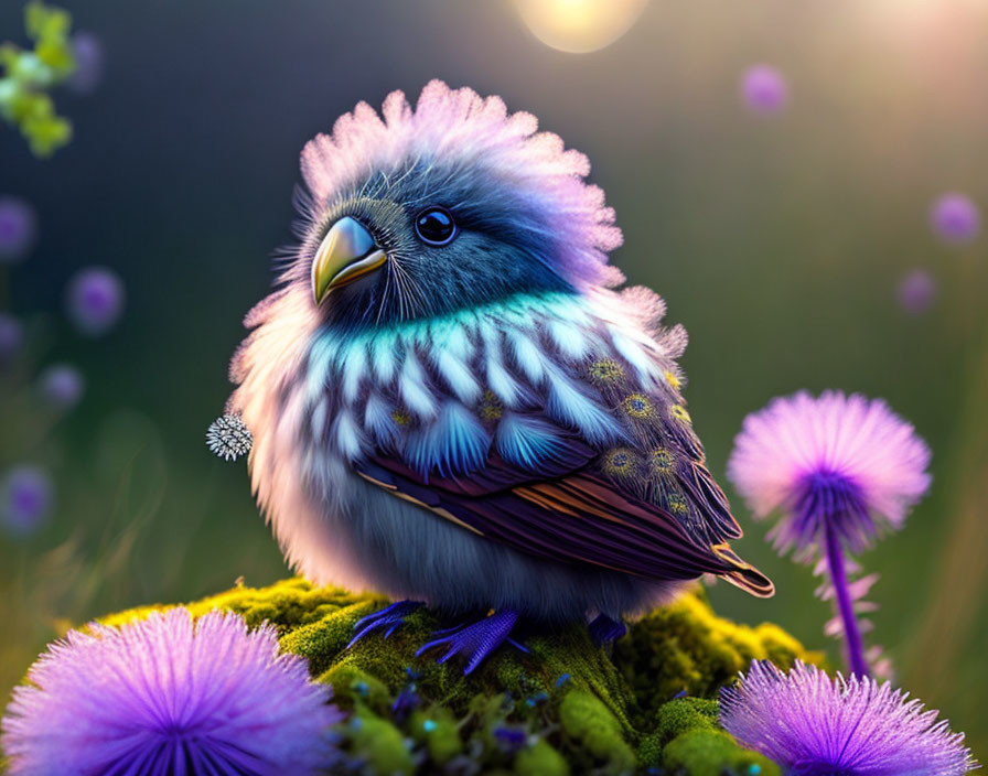 Colorful Fantasy Bird Perched on Mossy Ground with Purple Flowers