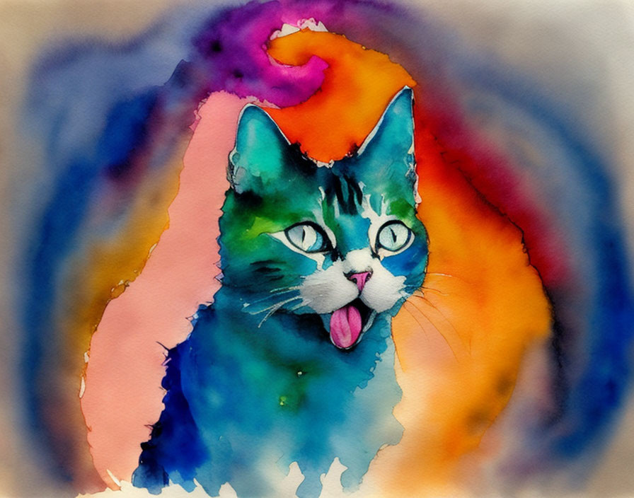 Colorful Watercolor Painting of Whimsical Cat with Rainbow Swirls