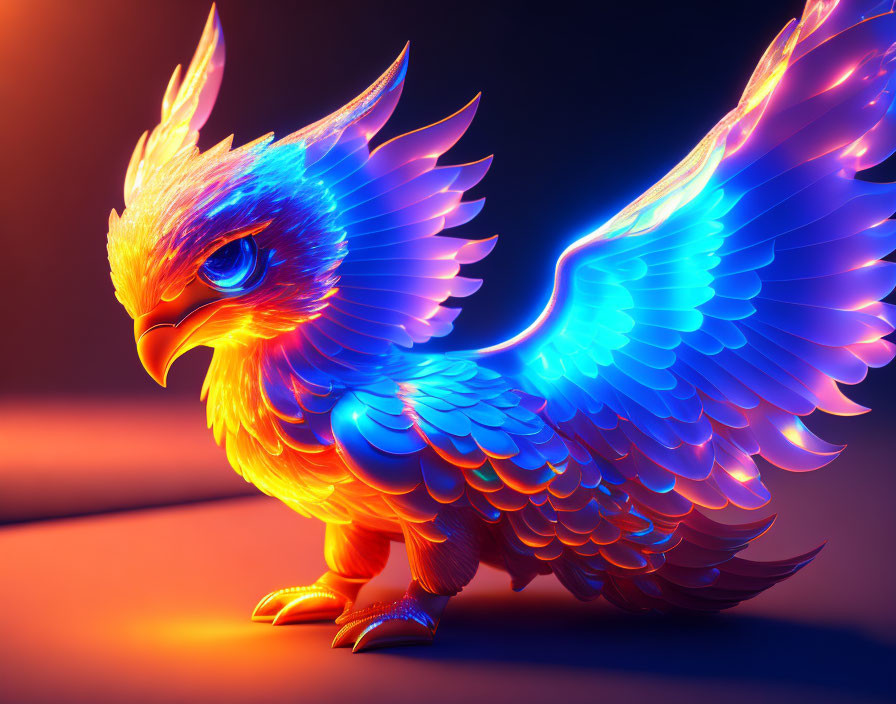 Mythical bird digital artwork with vibrant neon colors