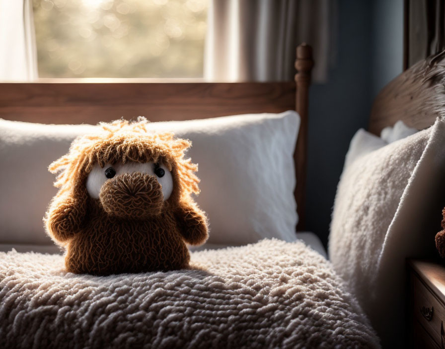 Lion plush toy on cozy bed in warm sunlight