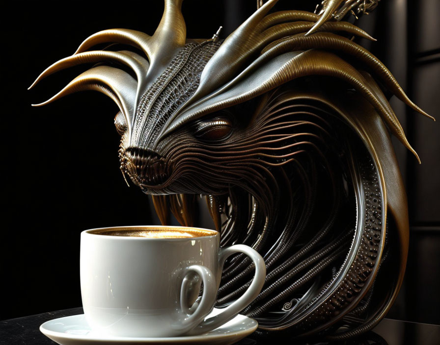 Metallic dragon-like creature entwined around coffee cup in 3D art