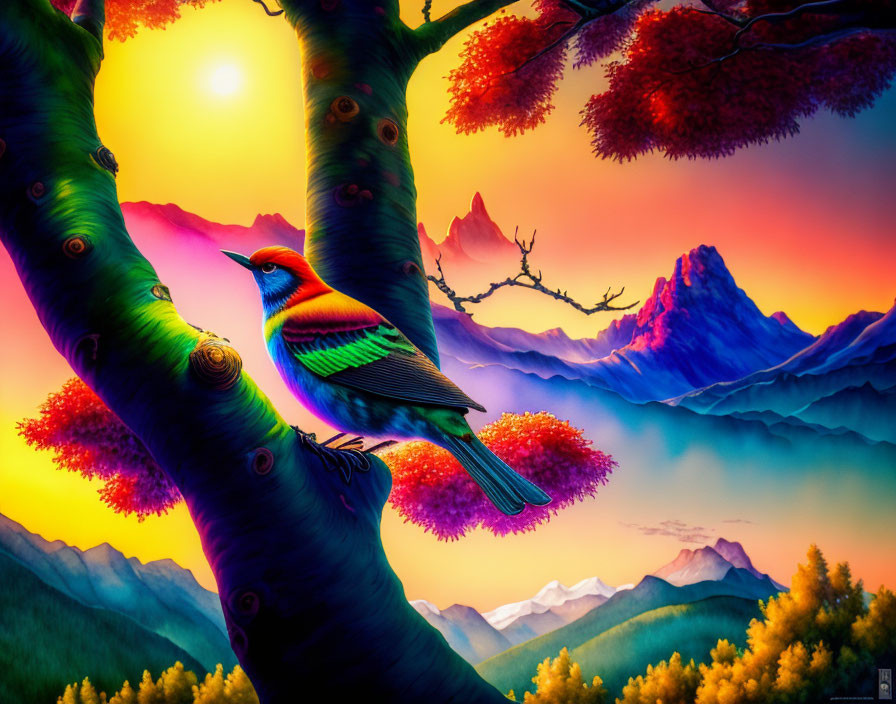 Colorful Bird on Twisted Tree with Mountain Landscape at Sunrise/Sunset