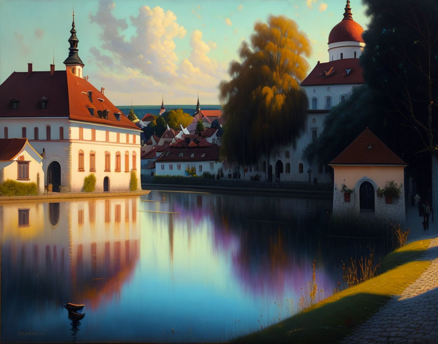 Tranquil lake with historic building and red dome at sunset