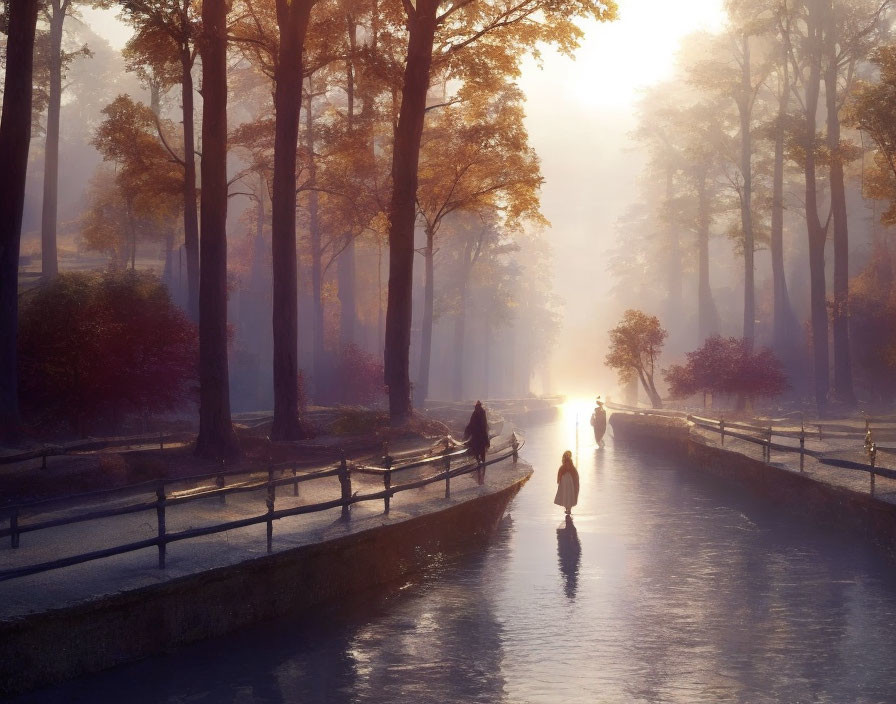 Autumn trees casting golden light on misty canal path with people and cyclist.