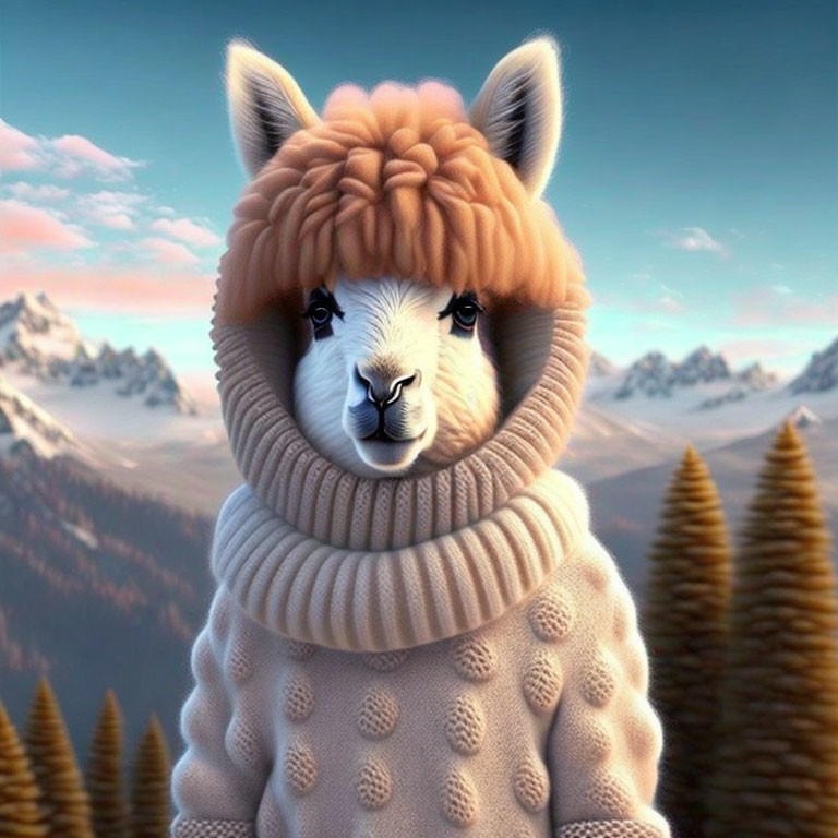 Anthropomorphized llama in sweater and beanie with snowy mountains at sunset