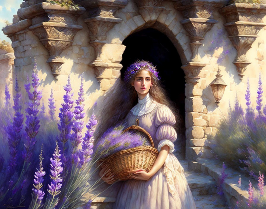 Woman in Purple Dress Holding Basket Among Lavender Flowers and Stone Archway