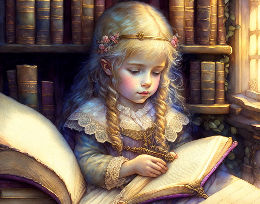 Blonde girl reading book in cozy library setting