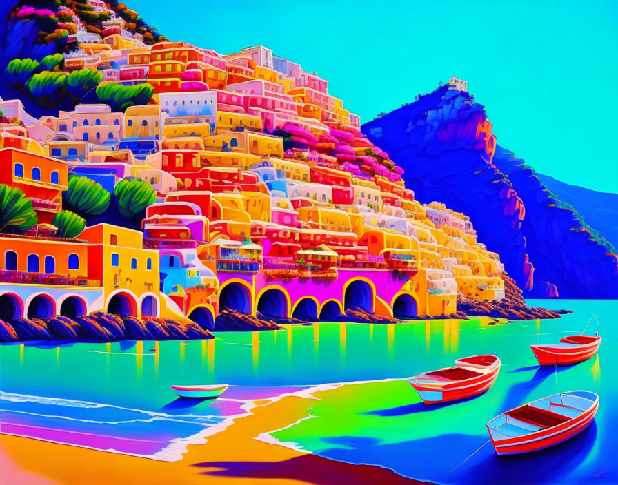 Colorful Hillside Town by the Sea with Boats: Surreal Mediterranean Landscape