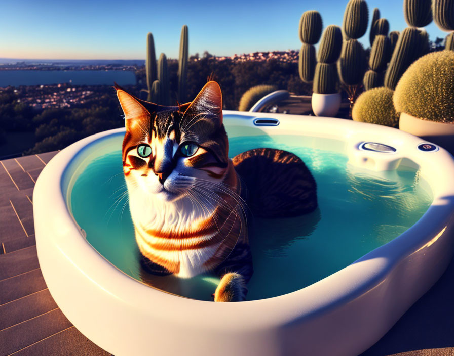 Cat with Striking Eyes in Hot Tub Surrounded by Cacti at Sunset