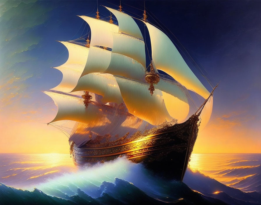 Majestic sailing ship on golden ocean waves at sunset