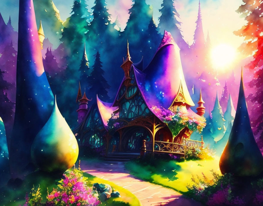 Illustration of Fairytale Cottage in Enchanted Forest at Sunset