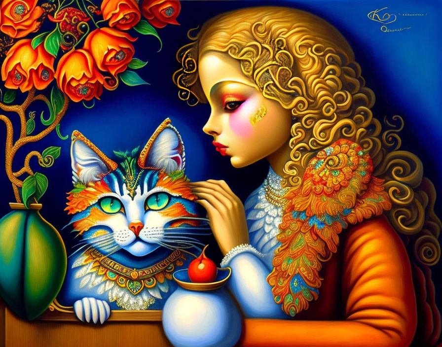 Colorful girl with golden curls and cat in vibrant floral scene