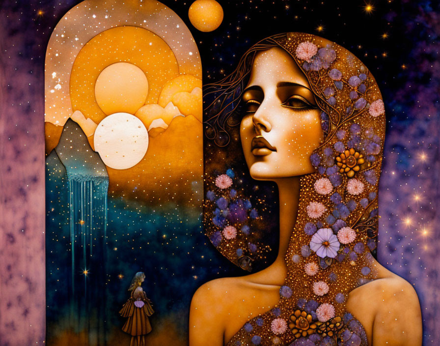 Surreal illustration of woman with floral patterns gazing at cosmic backdrop