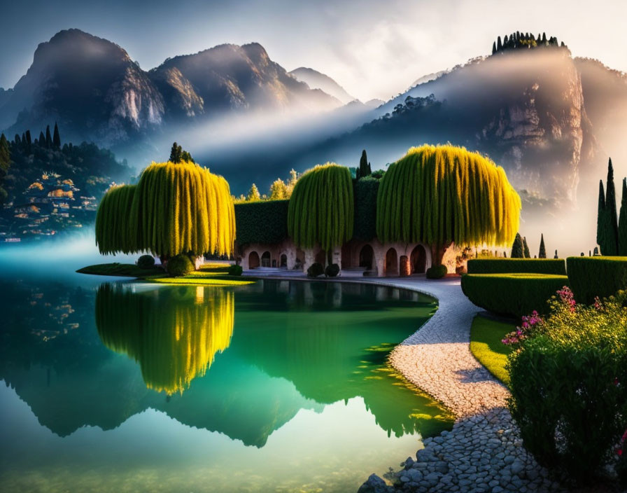 Tranquil sunrise scene: lake, weeping willows, misty mountains