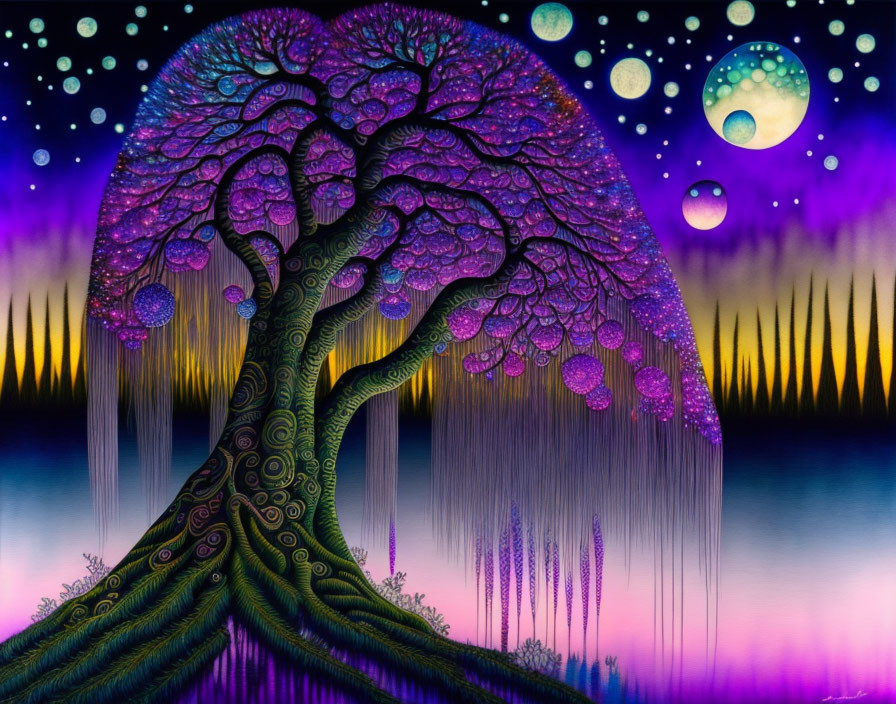 Fantasy artwork: Purple tree, starry night sky, reflective water