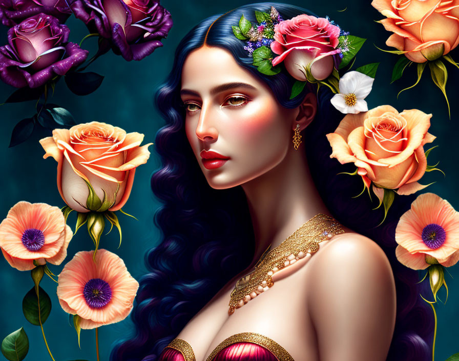 Portrait of Woman with Blue Hair and Floral Adornments Among Vibrant Roses and Poppies