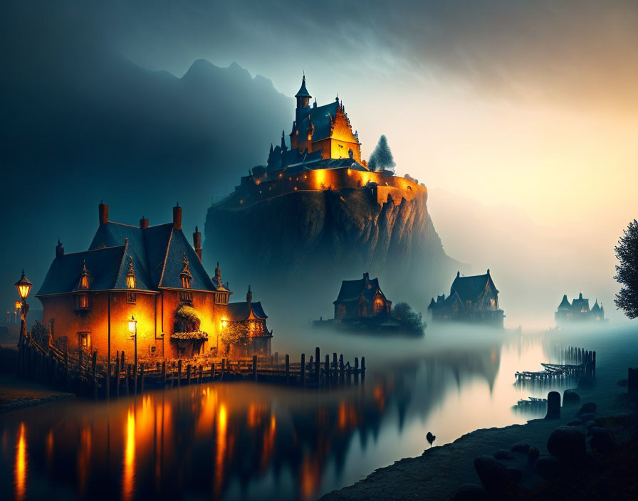 Fantasy castle on cliff above misty riverbank at dusk