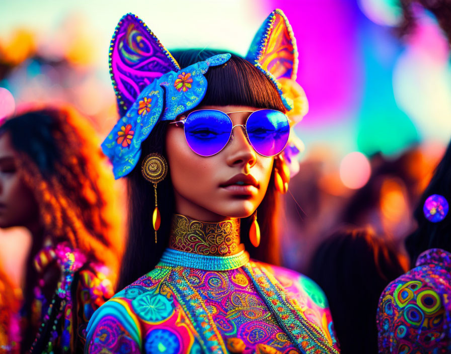 Colorful Woman in Cat Ear Headband and Round Blue Sunglasses