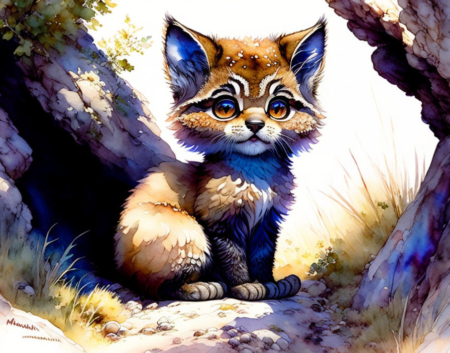 Illustration of wide-eyed cat with oversized ears in rocky setting