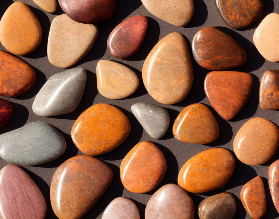 Assorted smooth polished stones in brown, red, and gray on dark surface