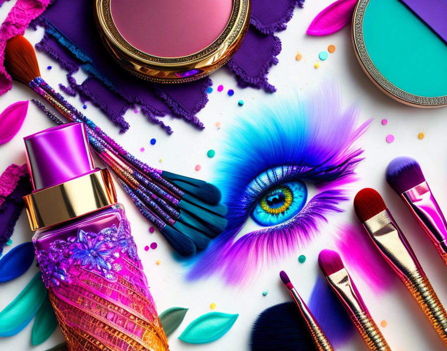 Colorful makeup theme with blue eye illustration, brushes, powders, and cosmetics on white surface