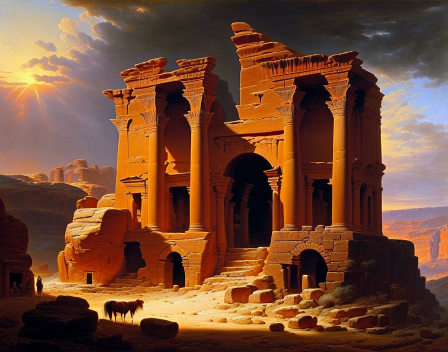 Ancient rock-cut architecture at sunset with grazing horse in desert landscape