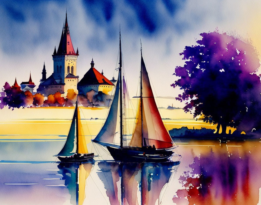 Colorful watercolor painting: Sailboats, sunset, castle silhouette