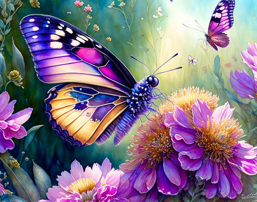 Vibrant butterflies and purple flowers in mystical garden