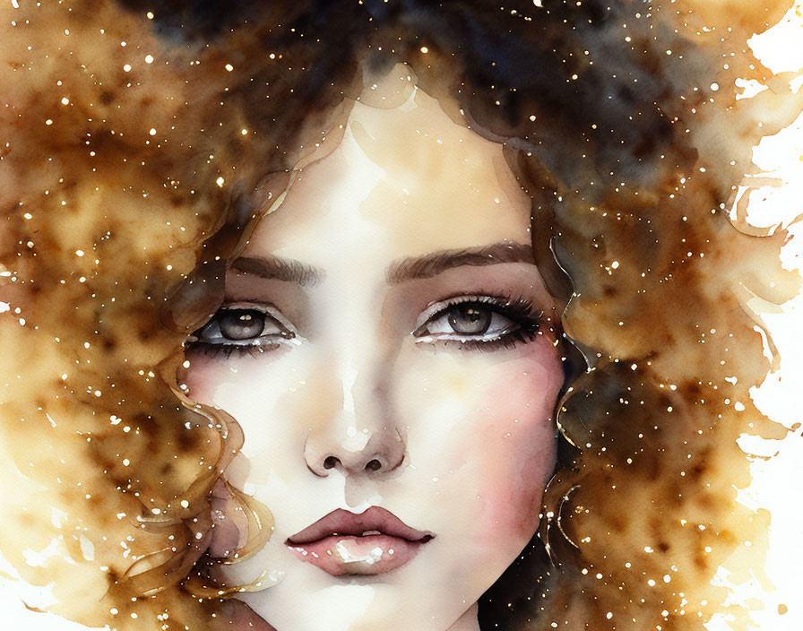 Woman with Curly Hair and Cosmic Starry Elements in Watercolor