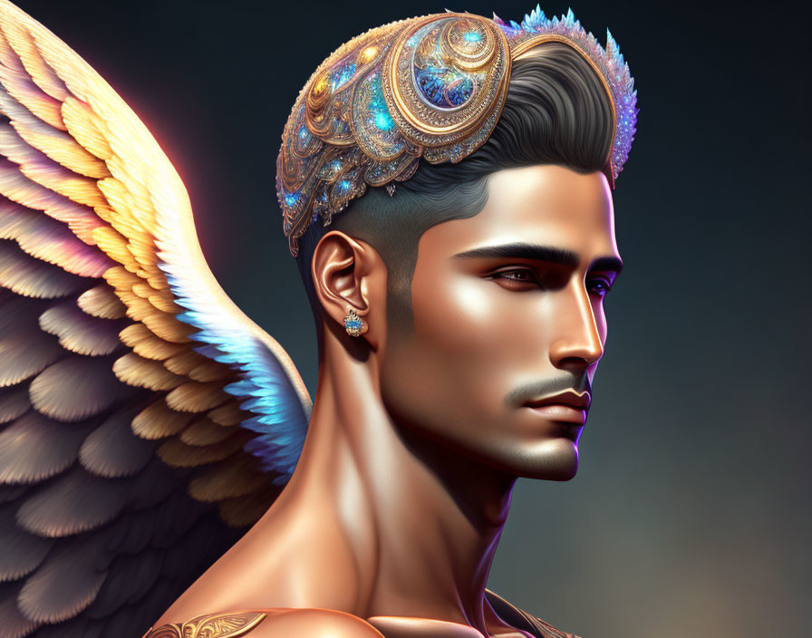 Male Figure Digital Art Portrait with Angelic Wings and Ornate Decorations