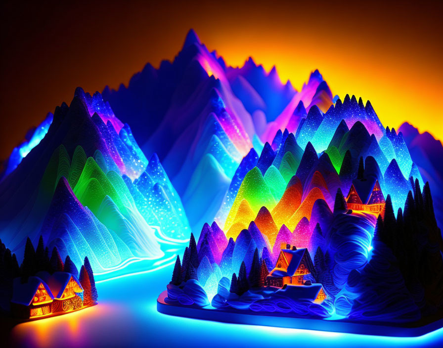 Colorful paper art landscape with glowing river and houses.